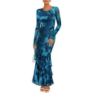 Women's Fall Floral Maxi Dress Blue